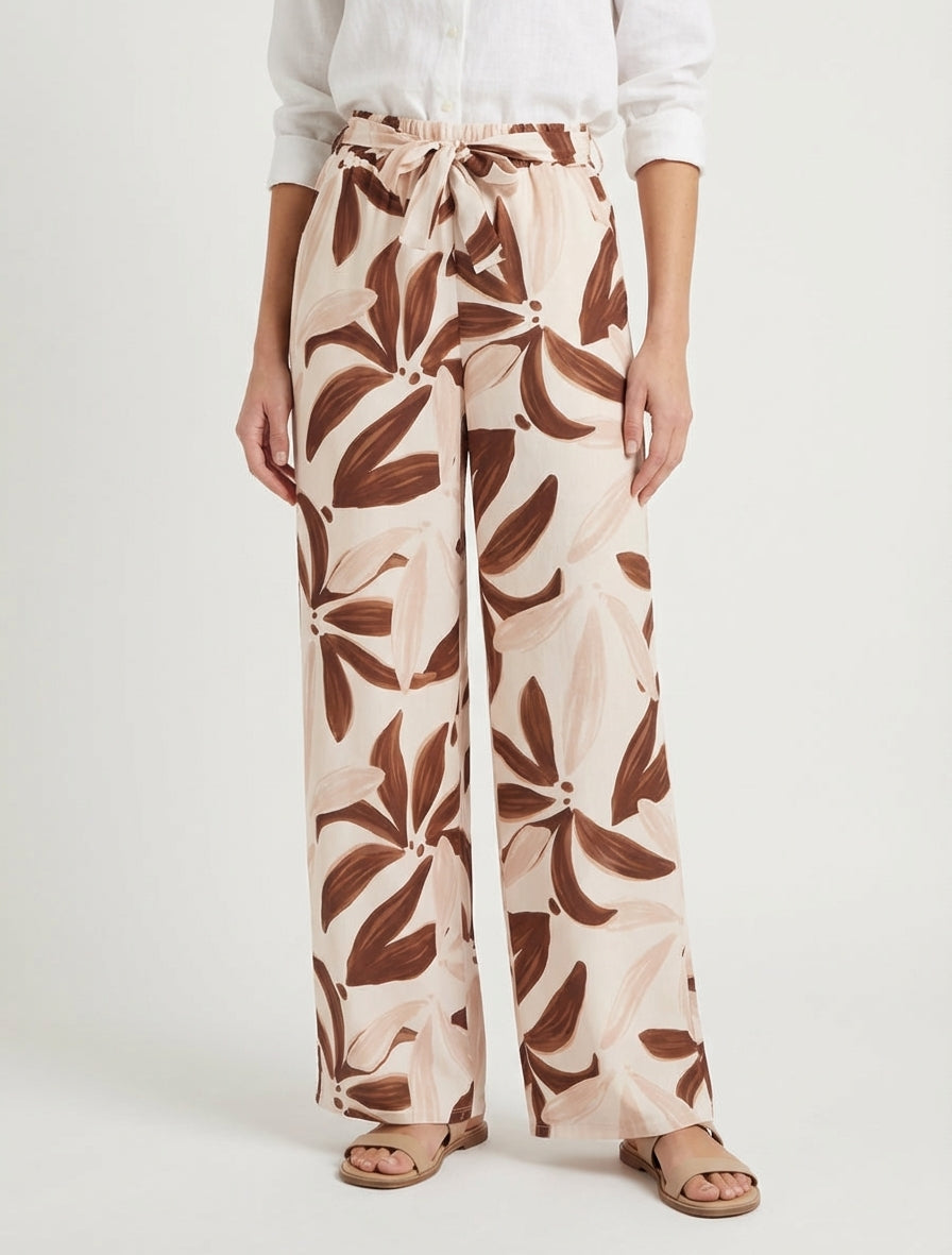 Elastische Hose mit Blumenmuster - Beige