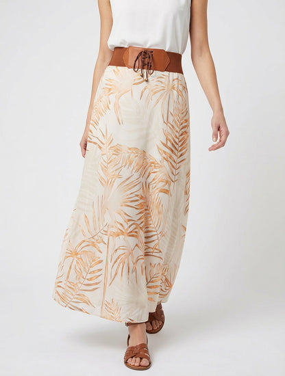 Langer Rock mit Blattdruck - Beige