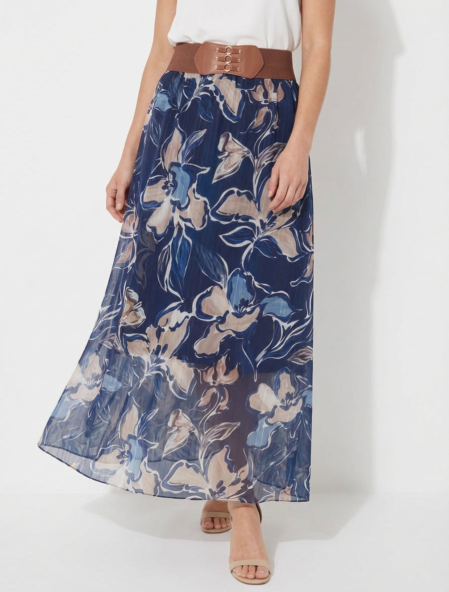 Langer Rock mit Blumendruck und irisierenden Streifen - Marine