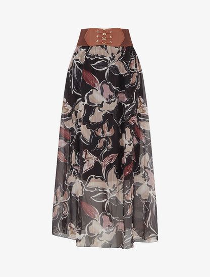Jupe longue imprimé fleuri à rayures irisées - Noir - 1
