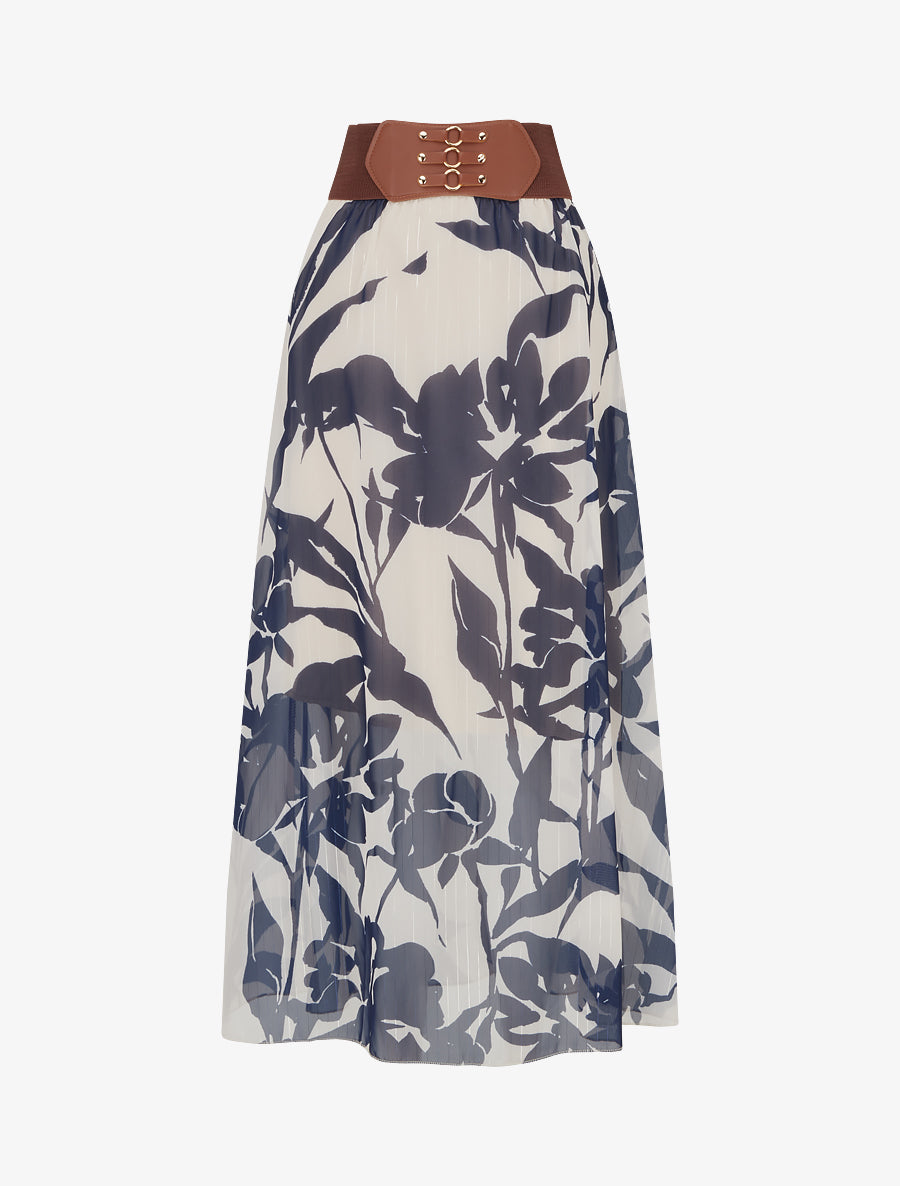 Jupe longue imprimé floral à rayures irisées - Marine - 1
