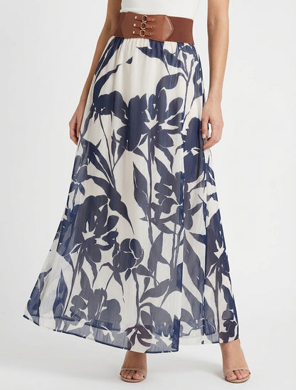 Langer Rock mit irisierendem Streifen- und Blumenmuster. - Marine