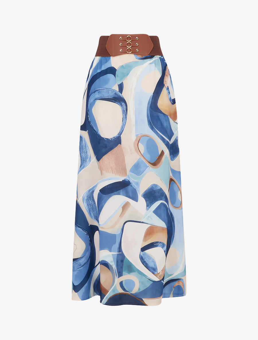 Jupe longue imprimé abstrait à taille fantaisie - Bleu - 1