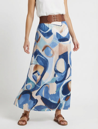 Langer Rock mit abstraktem Druck und fantasievollem Bund. - Blau