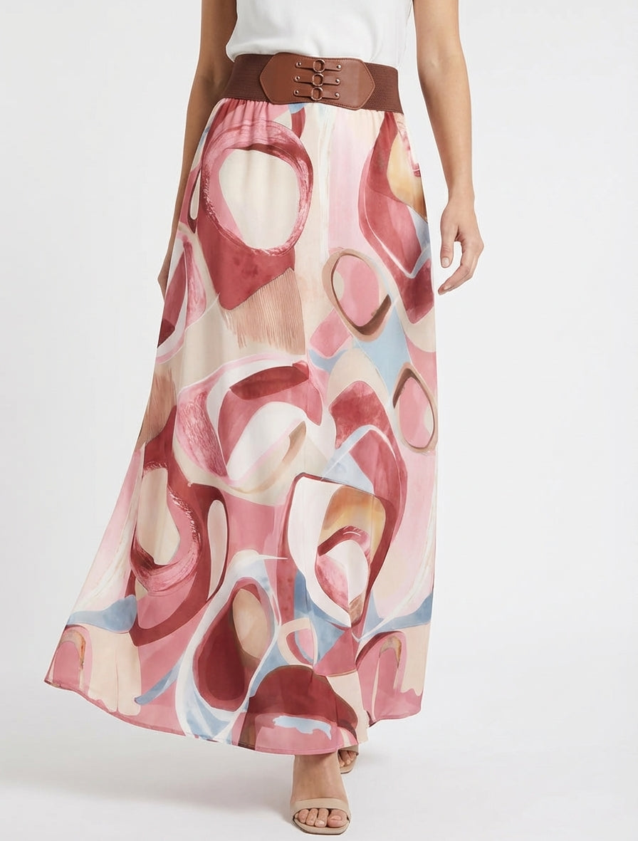 Langer Rock mit abstraktem Druck und fantasievollem Bund. - Rose