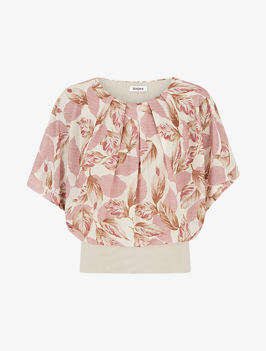 Top imprimé feuillage à manches courtes - Vieux rose - 1