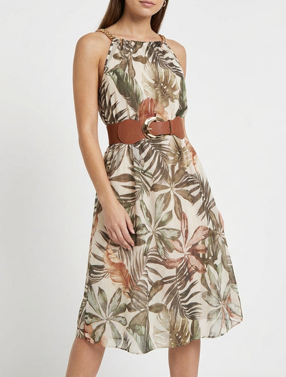 Kleid mit Kettenträgern und tropischem Druck - Dunkles Khaki