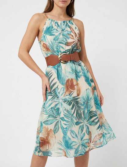 Kleid mit Kettenträgern und tropischem Druck - Türkis