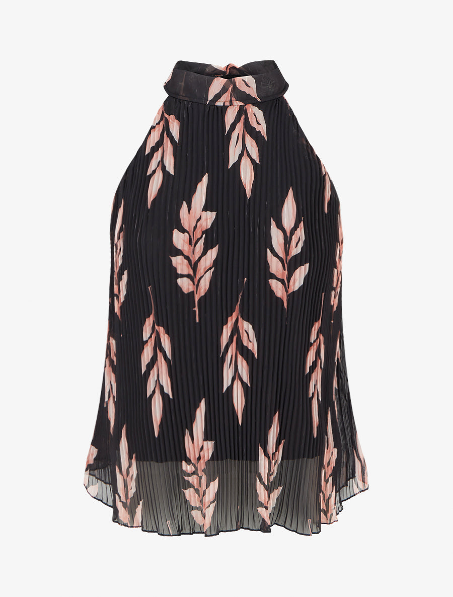 Top plissé sans manches imprimé feuillage - Noir - 1