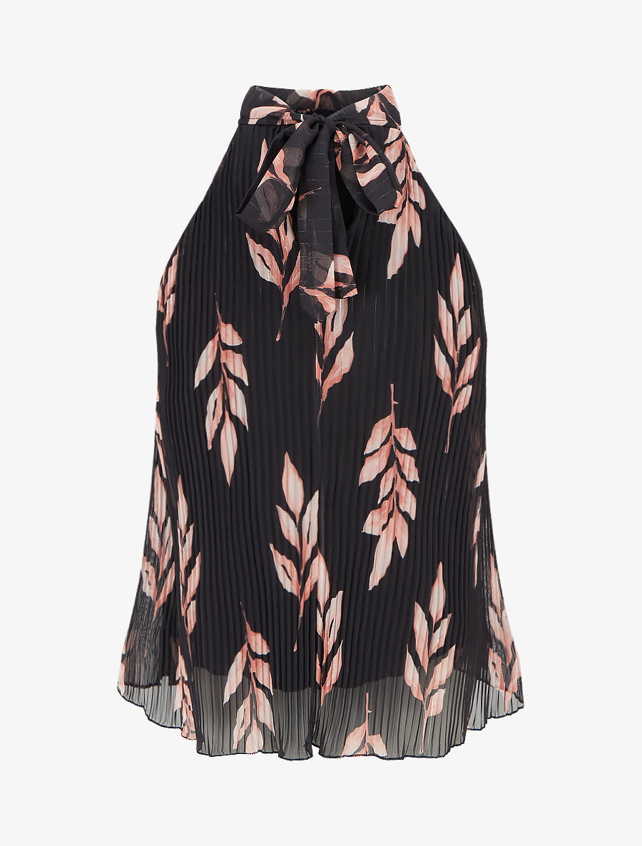 Top plissé sans manches imprimé feuillage - Noir - 2