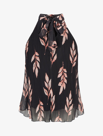 Top plissé sans manches imprimé feuillage - Noir - 2