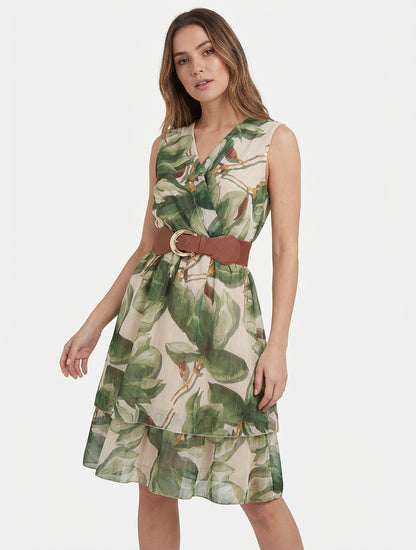 Ärmelloses Skaterkleid mit großem Blumenmuster - Kaki
