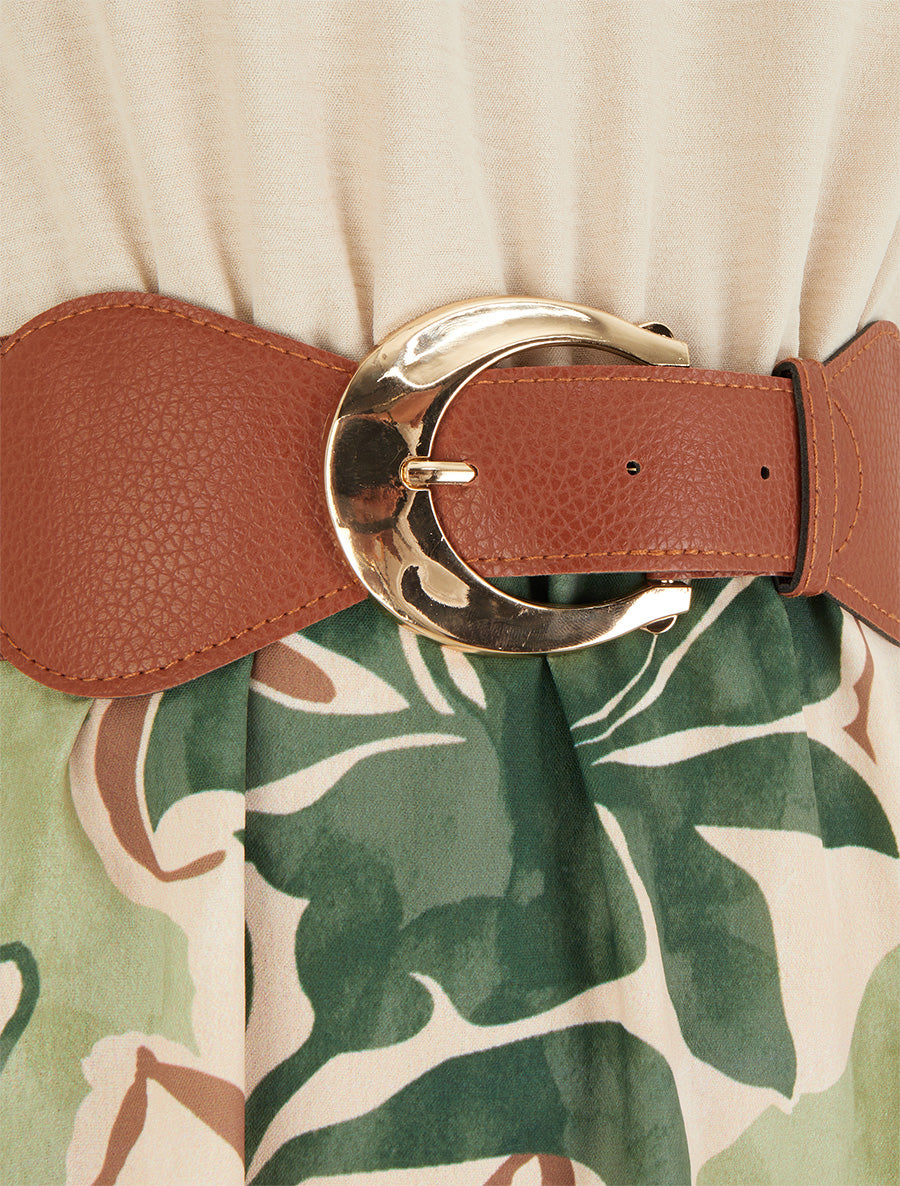 Robe à bretelles chaînes imprimé grandes fleurs - Kaki - 3