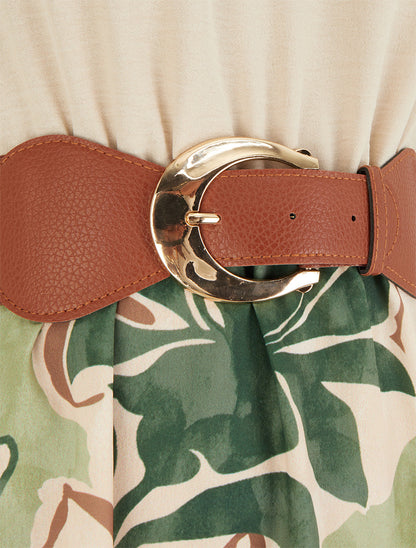 Robe à bretelles chaînes imprimé grandes fleurs - Kaki - 3