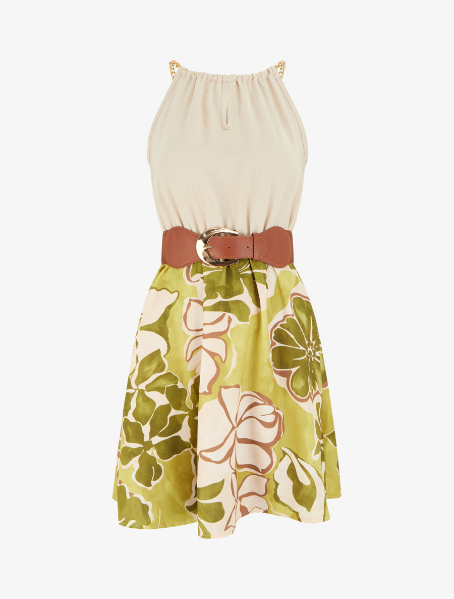 Robe à bretelles chaînes imprimé grandes fleurs - Vert olive - 1