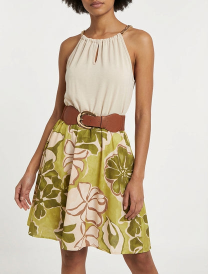 Kleid mit Ketten-Trägern und großem Blumenmuster - Olivgrün