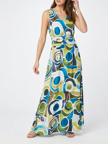 Kleid mit abstraktem Druck und elastischer Taille - Entenblau