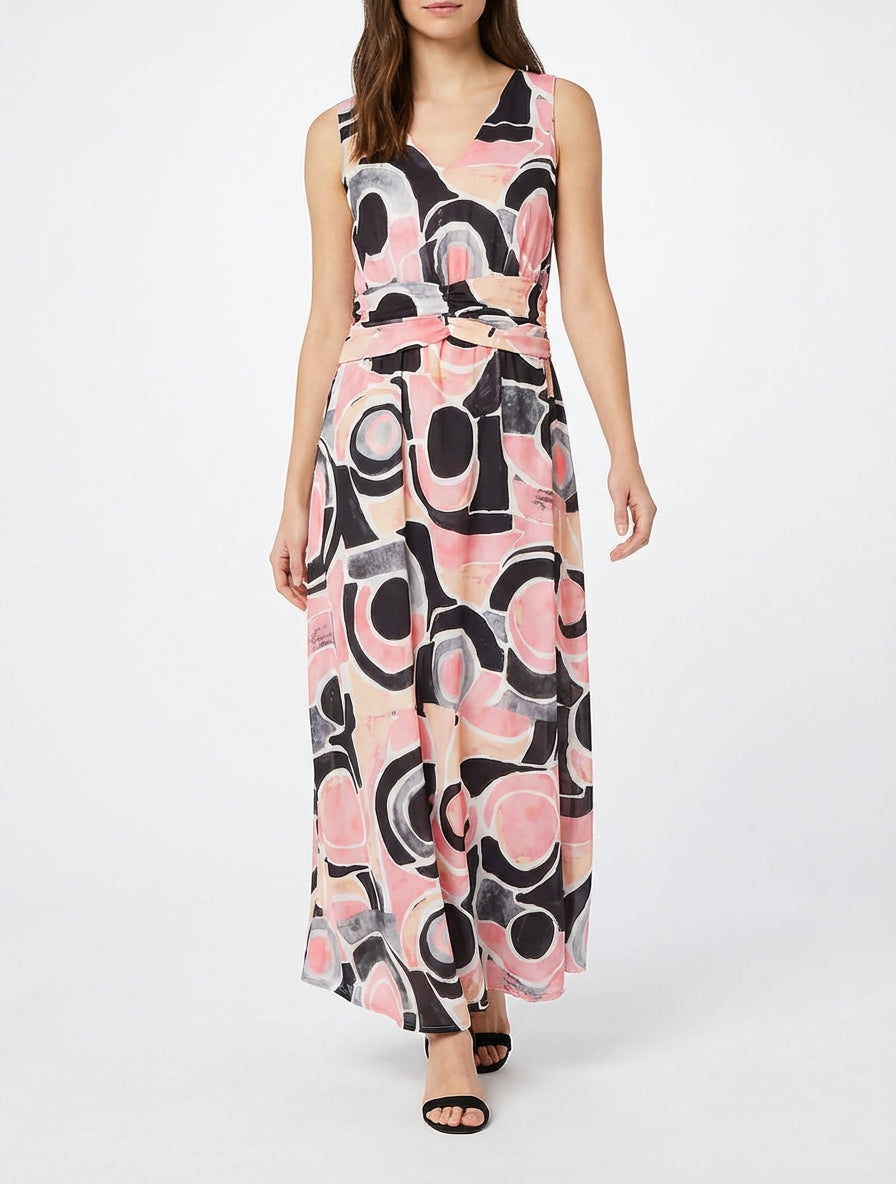 Kleid mit abstraktem Druck und elastischer Taille - Schwarz