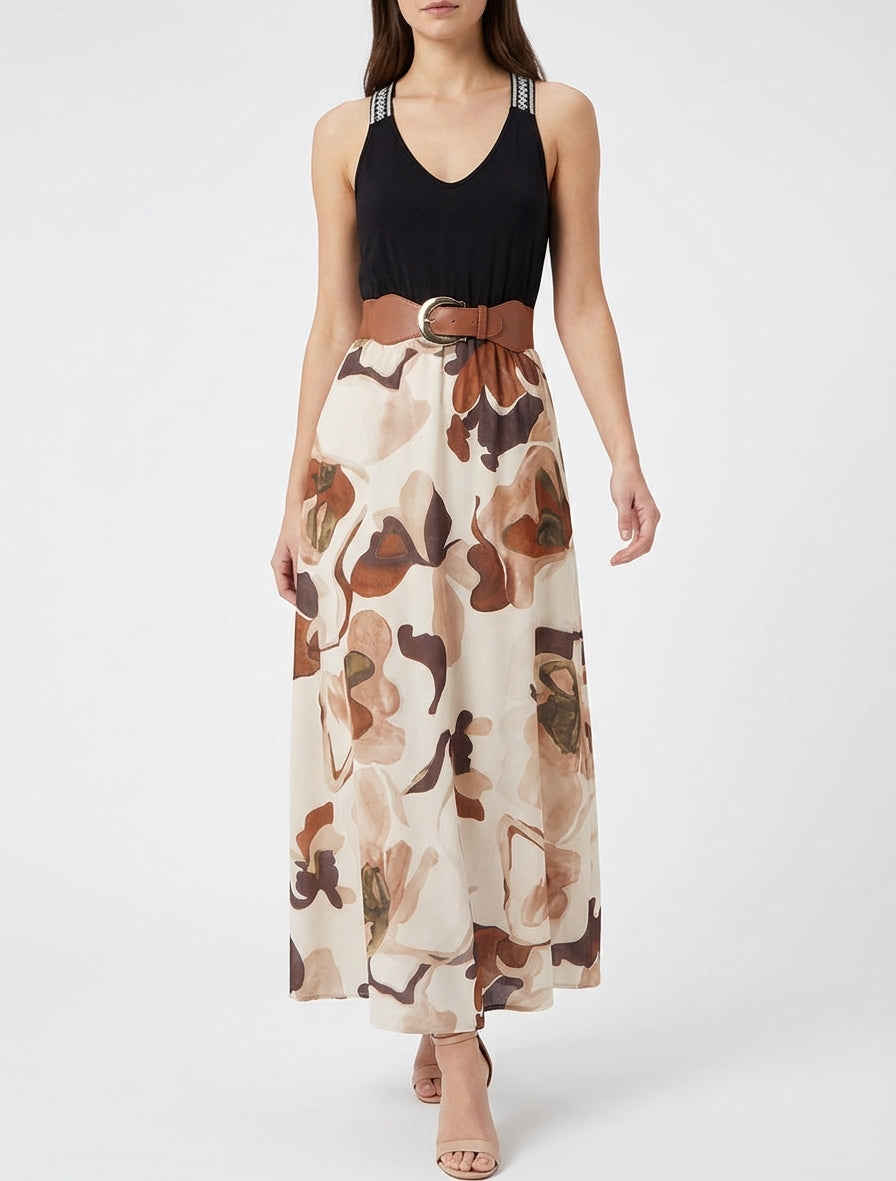 Langes Kleid mit Fantasiemuster - Beige