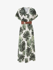 Robe longue manches courtes imprimé feuillage - Kaki - 1