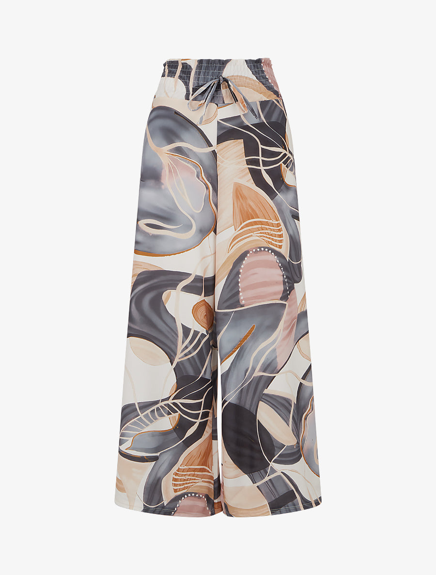 Pantalon imprimé abstrait à taille élastiquée - Noir - 1