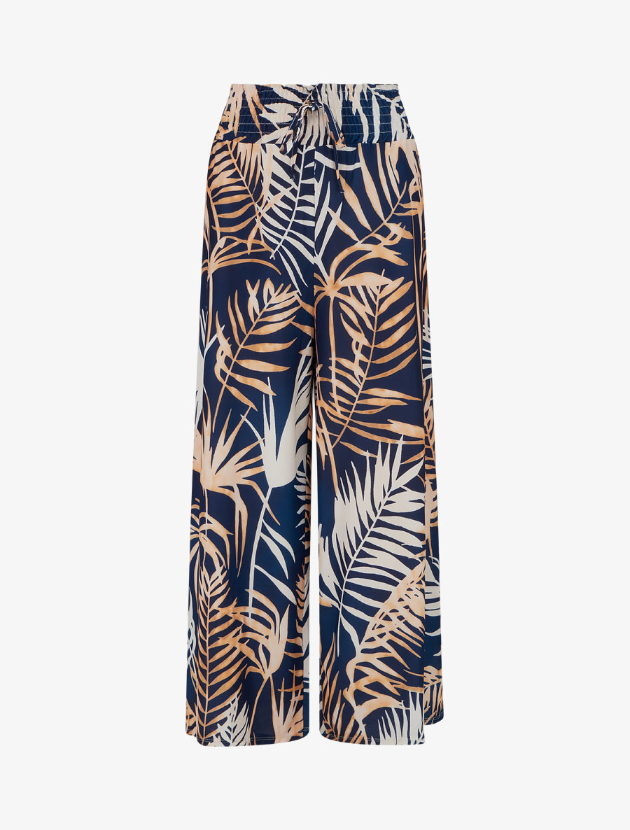 Pantalon imprimé feuillage à taille élastiquée - Marine - 1