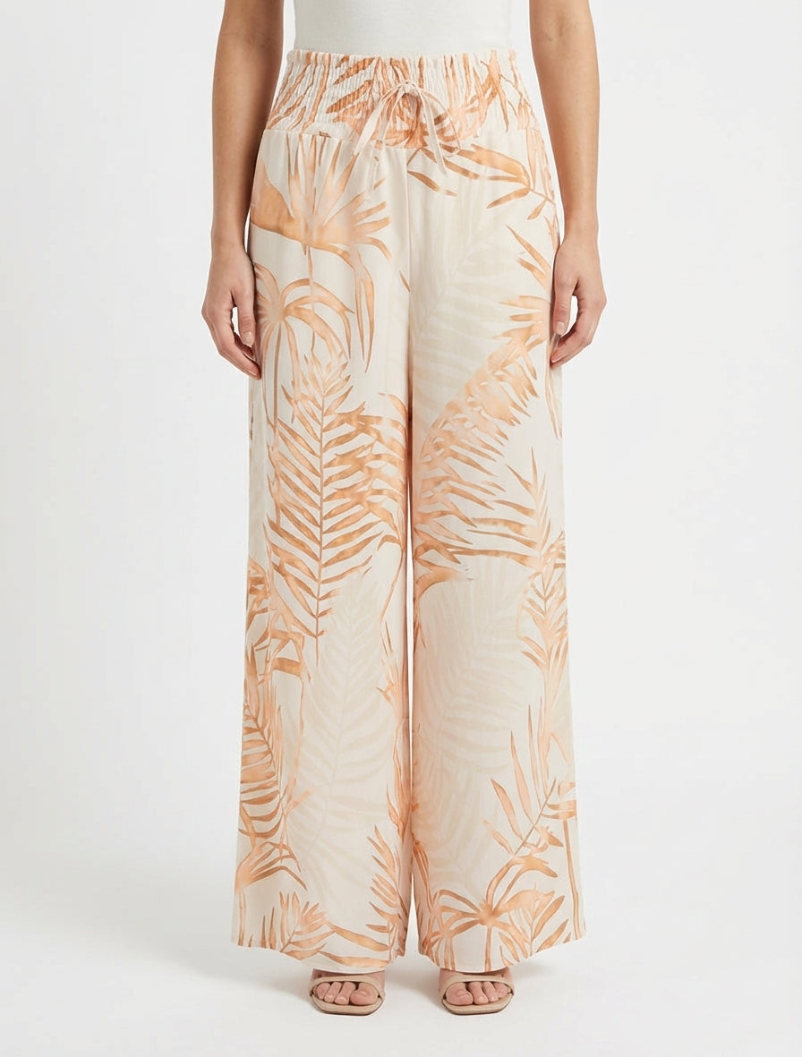 Blattbedruckte Hose mit elastischem Bund - Beige