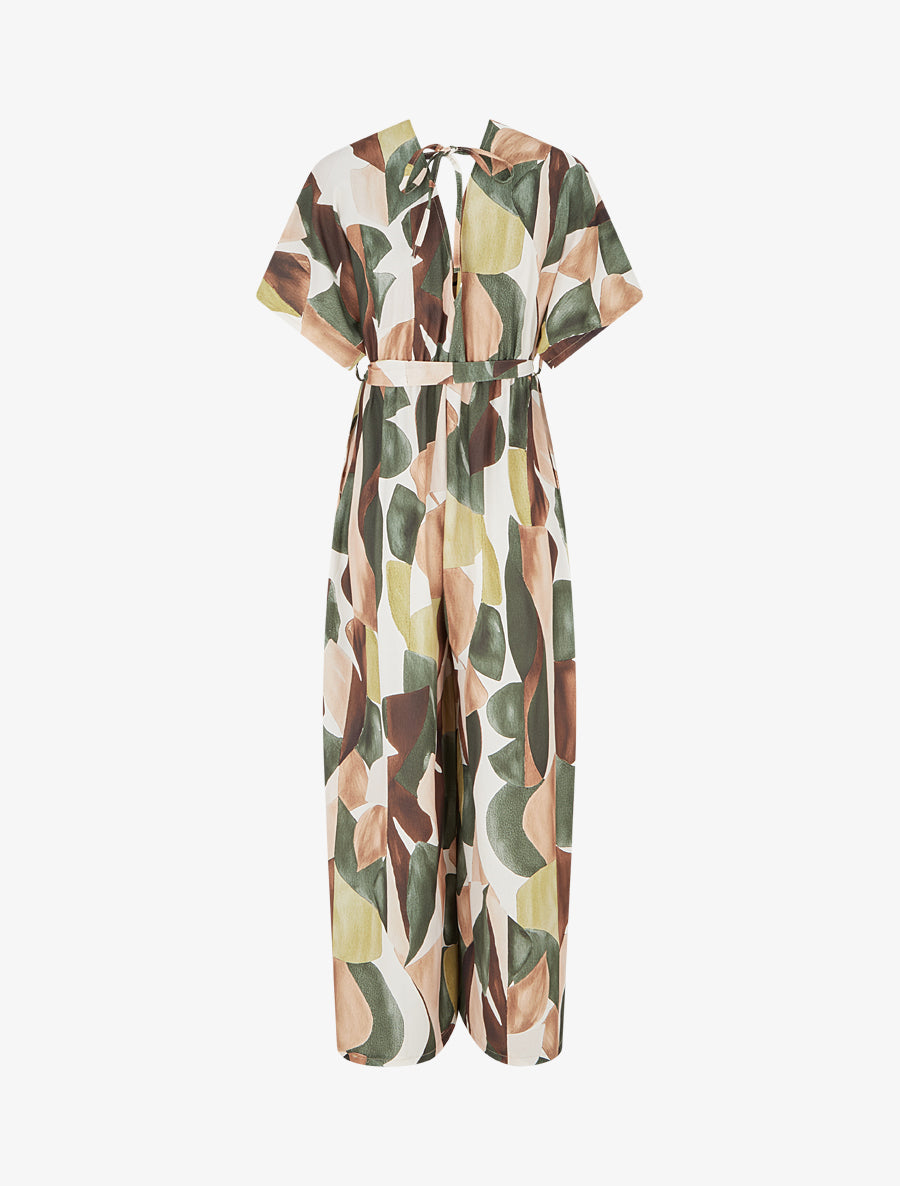 Combinaison imprimé abstrait à taille élastiquée - Kaki - 2