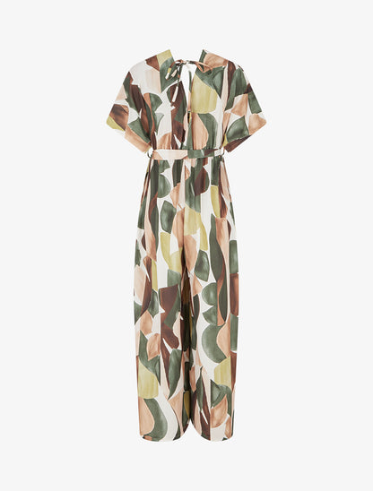 Combinaison imprimé abstrait à taille élastiquée - Kaki - 2