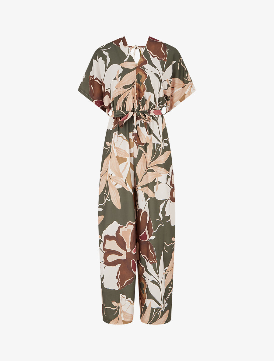 Combinaison imprimé floral à taille élastiquée - Kaki - 1