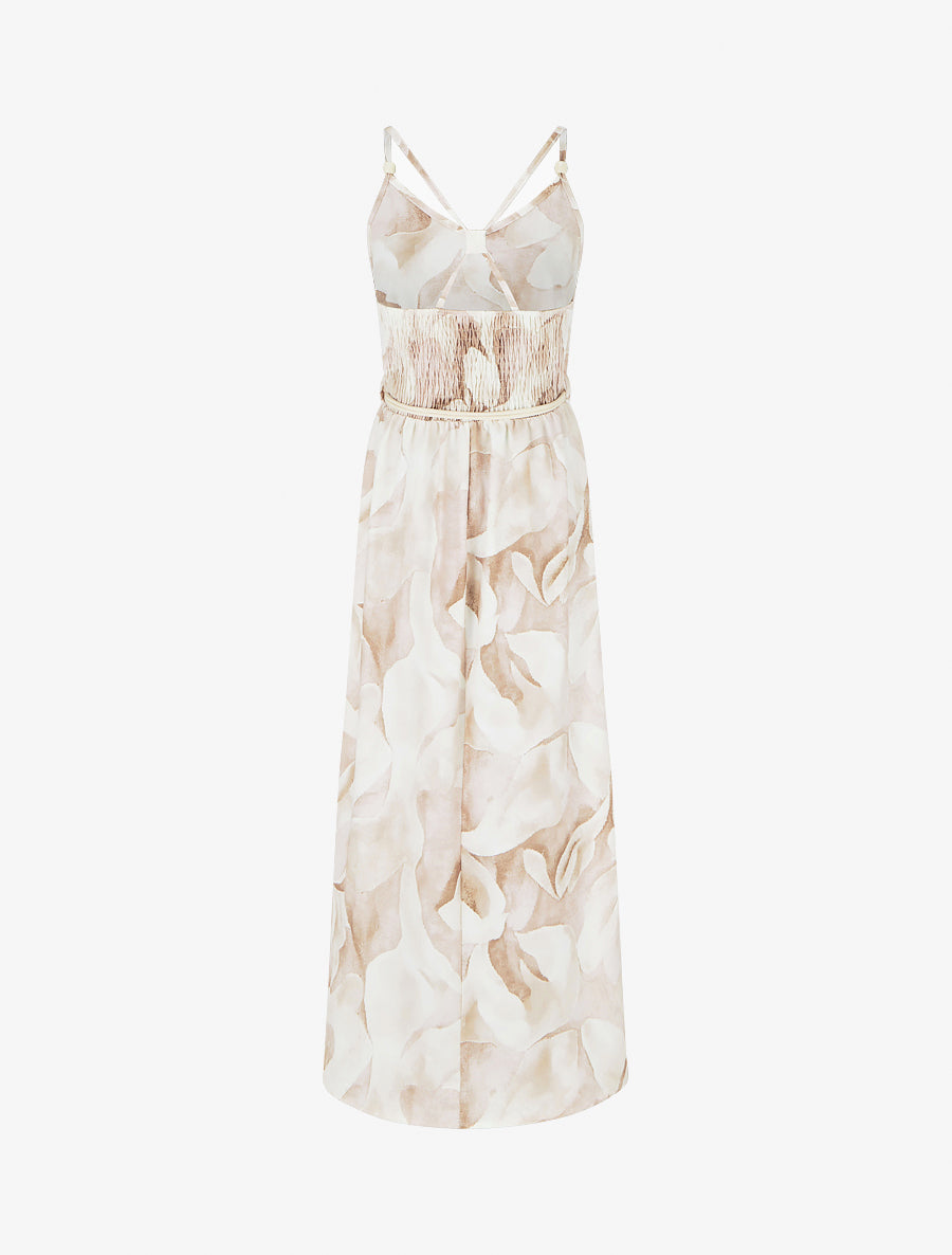 Langes Kleid mit Blumenmuster und elastischer Taille - Beige