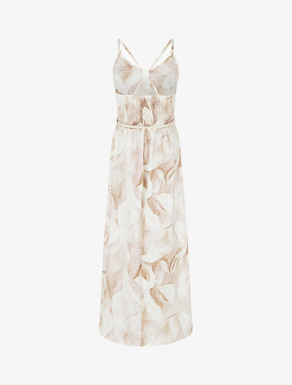 Langes Kleid mit Blumenmuster und elastischer Taille - Beige