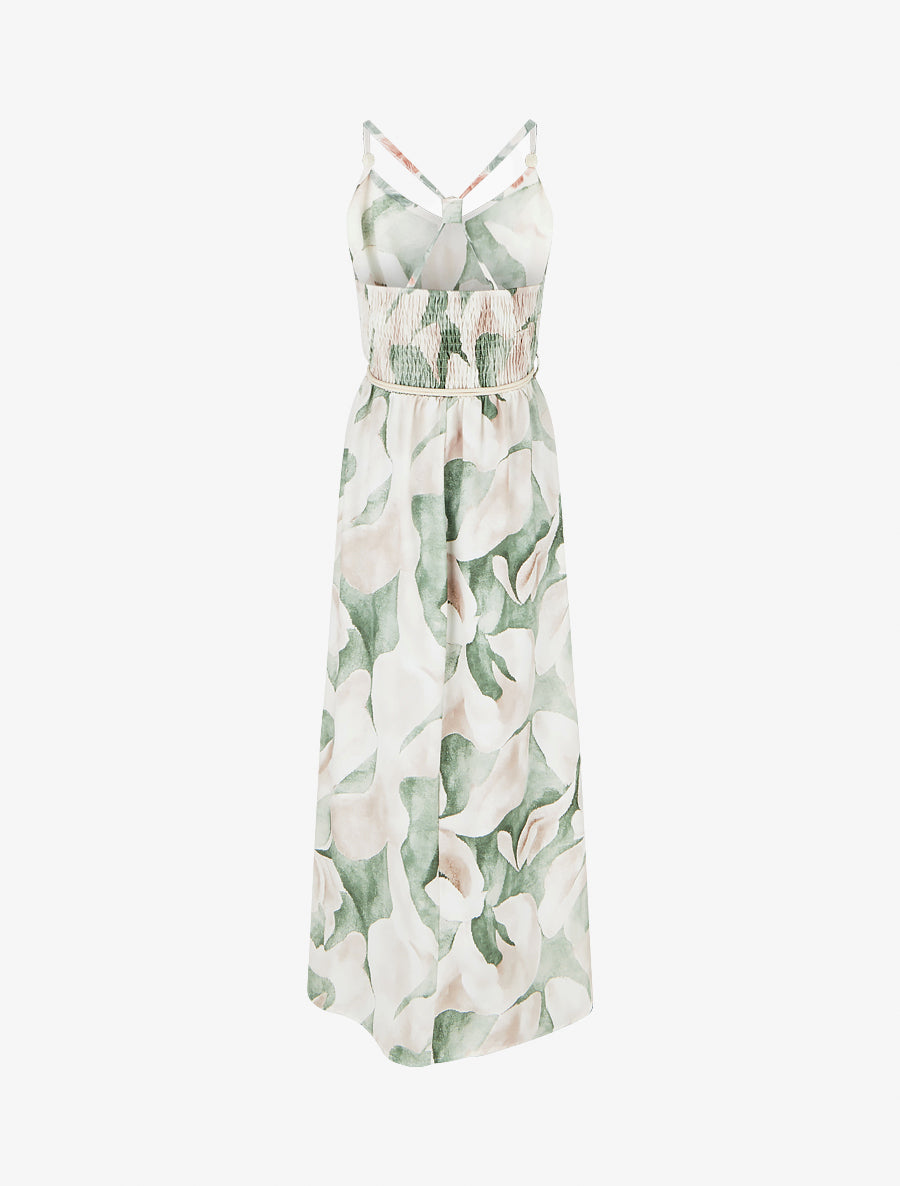 Robe longue imprimé floral à taille élastiquée - Vert - 2