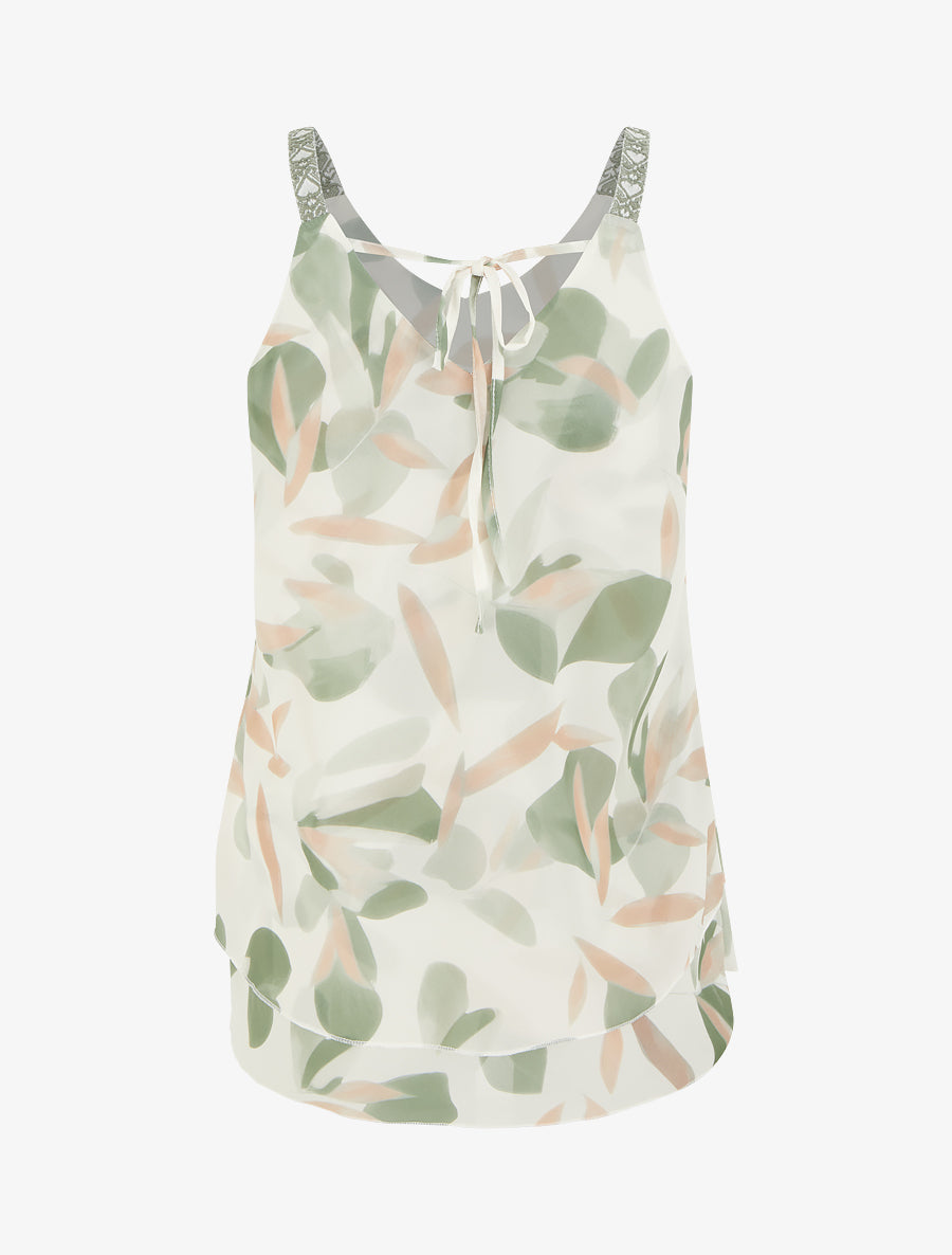 Caraco imprimé feuillages à bretelles brodées - Kaki - 2