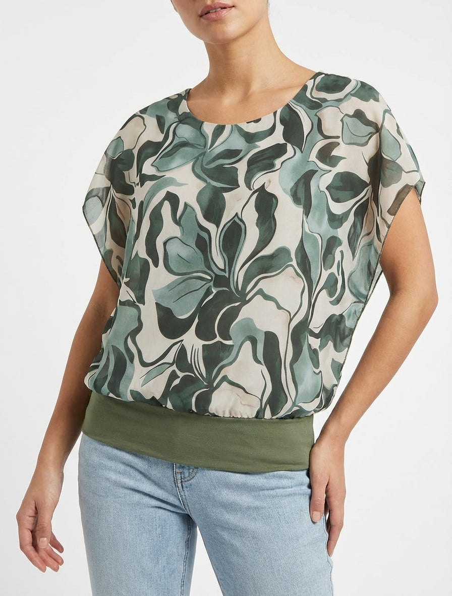 Kurzarm-Top mit Blumenmuster oben rechts. - Kaki
