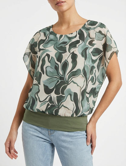 Kurzarm-Top mit Blumenmuster oben rechts. - Kaki