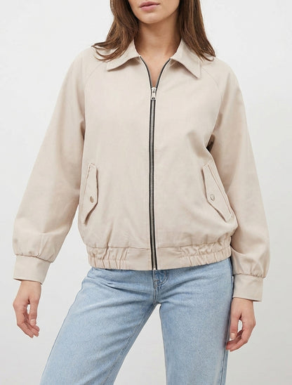 Weit geschnittene Jacke mit Reißverschluss und elastischen Bündchen - Beige