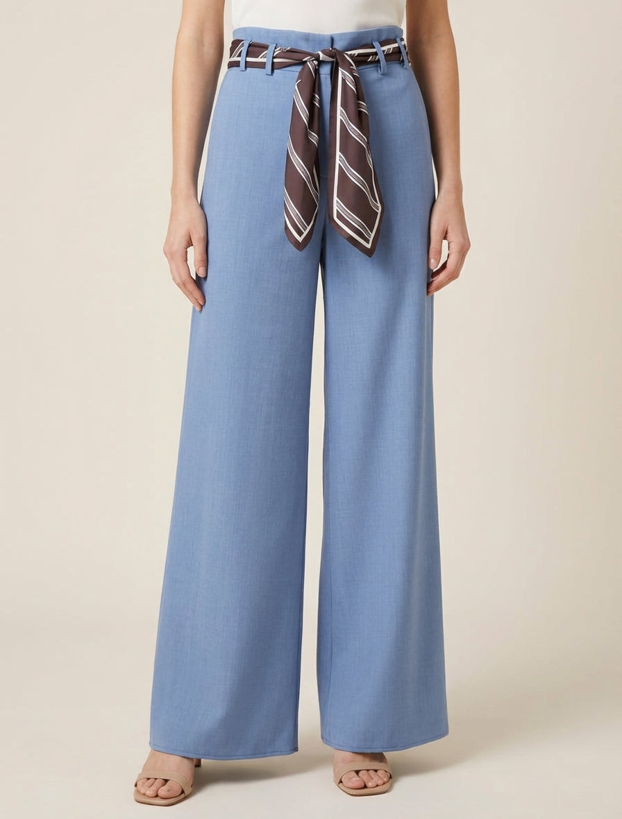 Weite Hose mit Schal-Stil Gürtel - Hellblau