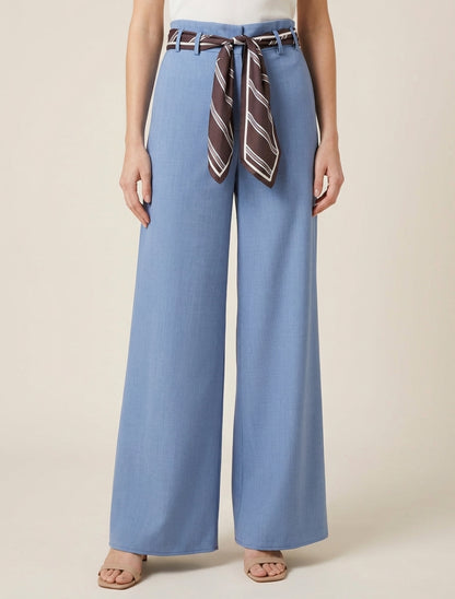 Weite Hose mit Schal-Stil Gürtel - Hellblau