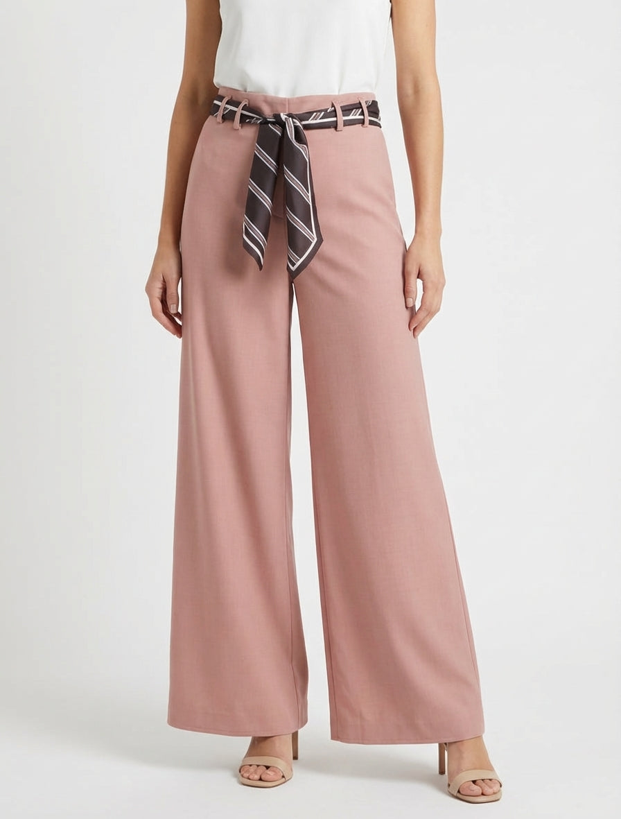 Weite Hose mit Schal-Stil Gürtel - Rose