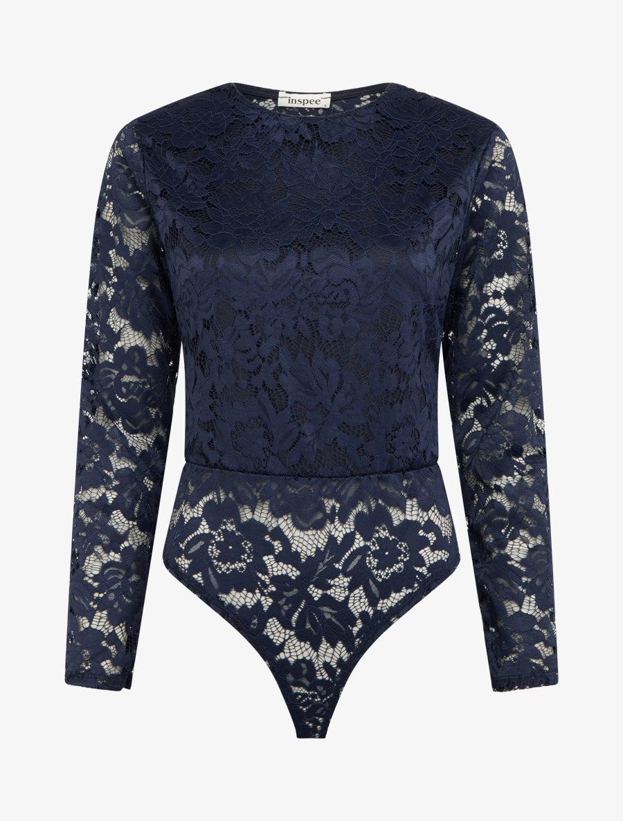 Body en dentelle manches longues - Marine - 1