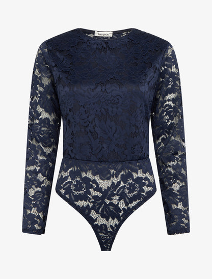 Body en dentelle manches longues - Marine - 1