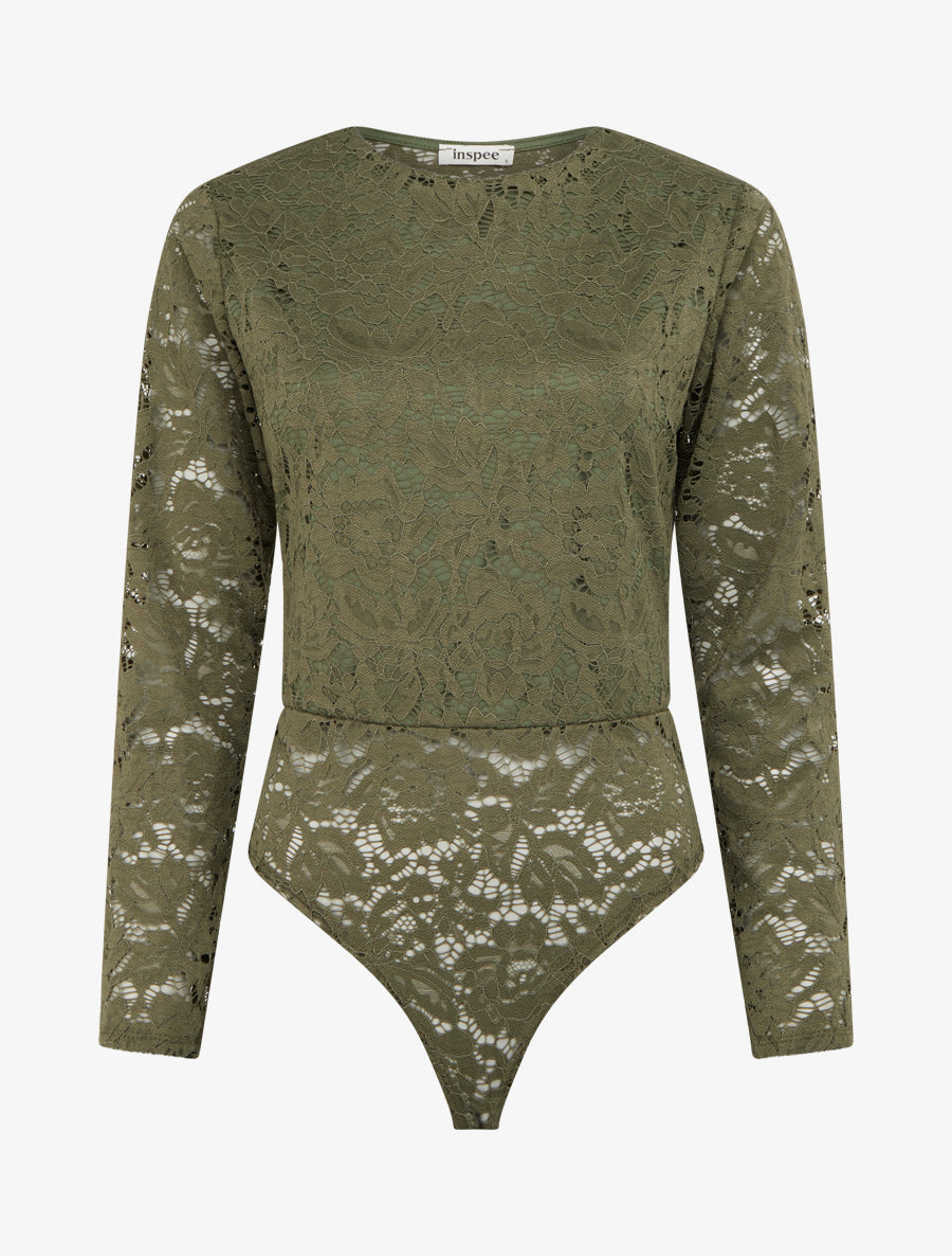 Body en dentelle manches longues - Kaki - 1