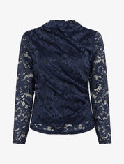 Top en dentelle drapé à manches longues - Marine - 1