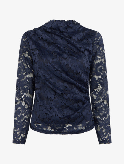 Top en dentelle drapé à manches longues - Marine - 1