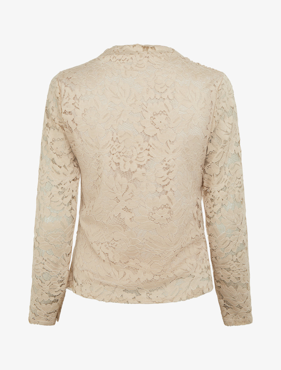 Top en dentelle drapé à manches longues - Beige - 2