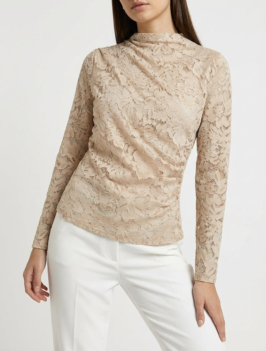 Drapiertes Spitzenoberteil mit langen Ärmeln - Beige
