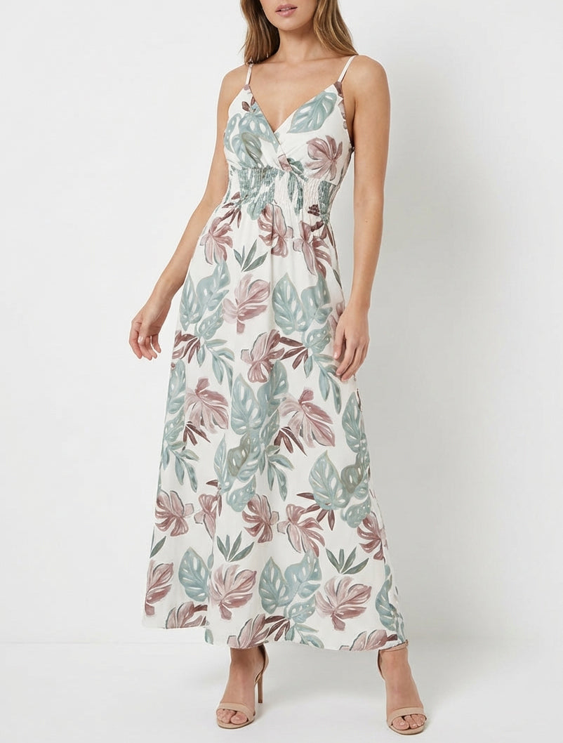 Langes Kleid mit schmalen Trägern und tropischem Print - Kaki