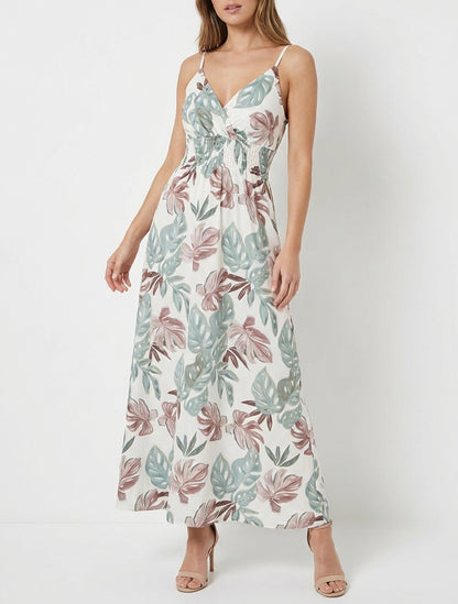 Langes Kleid mit schmalen Trägern und tropischem Print - Kaki