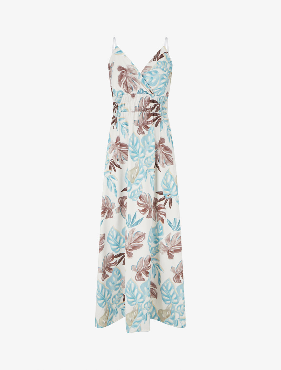 Robe longue à fines bretelles imprimé tropical - Bleu clair - 1